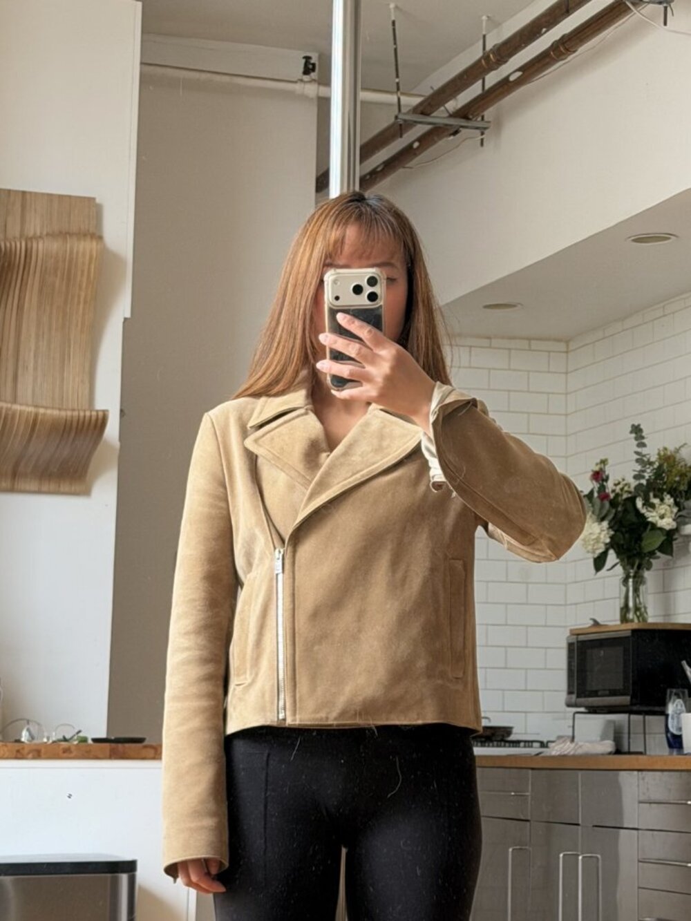 Theory Tan Suede Leather Jacket Size 6 Boxy Cropped Zip Front